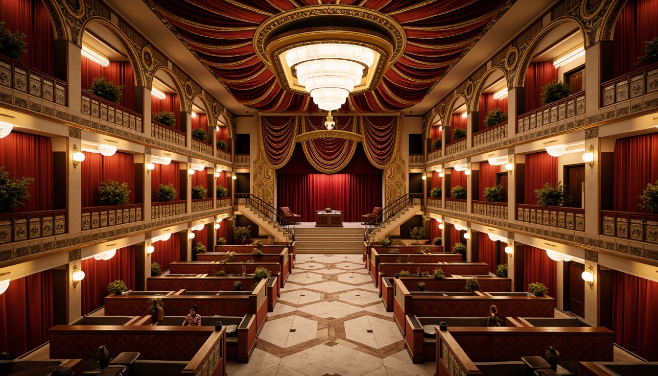 Prompt: Grand amphitheater, ornate Art Deco interior, luxurious textiles, velvet drapes, golden accents, metallic trimmings, geometric patterns, chevron designs, hexagonal tiles, glossy marble floors, curved staircases, grand chandeliers, warm ambient lighting, soft focus, shallow depth of field, 1/2 composition, realistic reflections, intricate moldings, decorative railings, opulent furnishings.