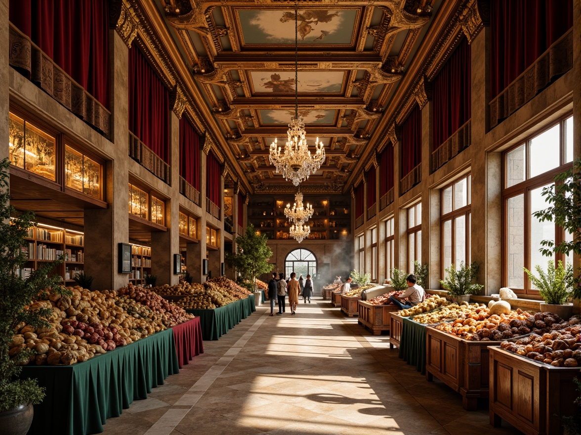 Prompt: Luxurious market interior, ornate golden accents, rich velvet drapes, intricate wooden carvings, grand crystal chandeliers, marble flooring, lavish fresco ceilings, rustic stone walls, warm soft lighting, cozy atmospheric ambiance, 1/1 composition, realistic textures, ambient occlusion.