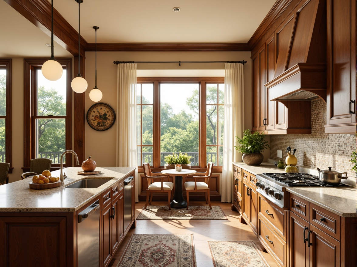 Prompt: Elegant traditional kitchen, warm beige walls, rich wood cabinetry, ornate crown molding, intricate ceramic tile backsplashes, luxurious terrazzo countertops, polished chrome fixtures, soft creamy lighting, 1/1 composition, shallow depth of field, natural textures, ambient occlusion, cozy breakfast nook, rustic wooden flooring, plush area rugs, vibrant greenery, sunny morning atmosphere.