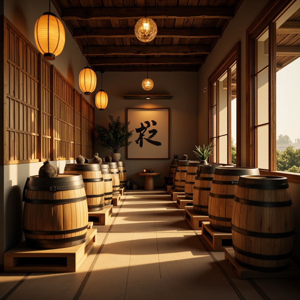 Prompt: Traditional Japanese sake barrels, rustic wooden crates, woven bamboo accents, natural fiber textiles, earthy tone colors, lantern-inspired lighting fixtures, minimalist decor, sliding shoji screens, tatami-mat flooring, paper lanterns, subtle fragrance of sake, warm golden lighting, shallow depth of field, 1/1 composition, soft focus, realistic textures, ambient occlusion.