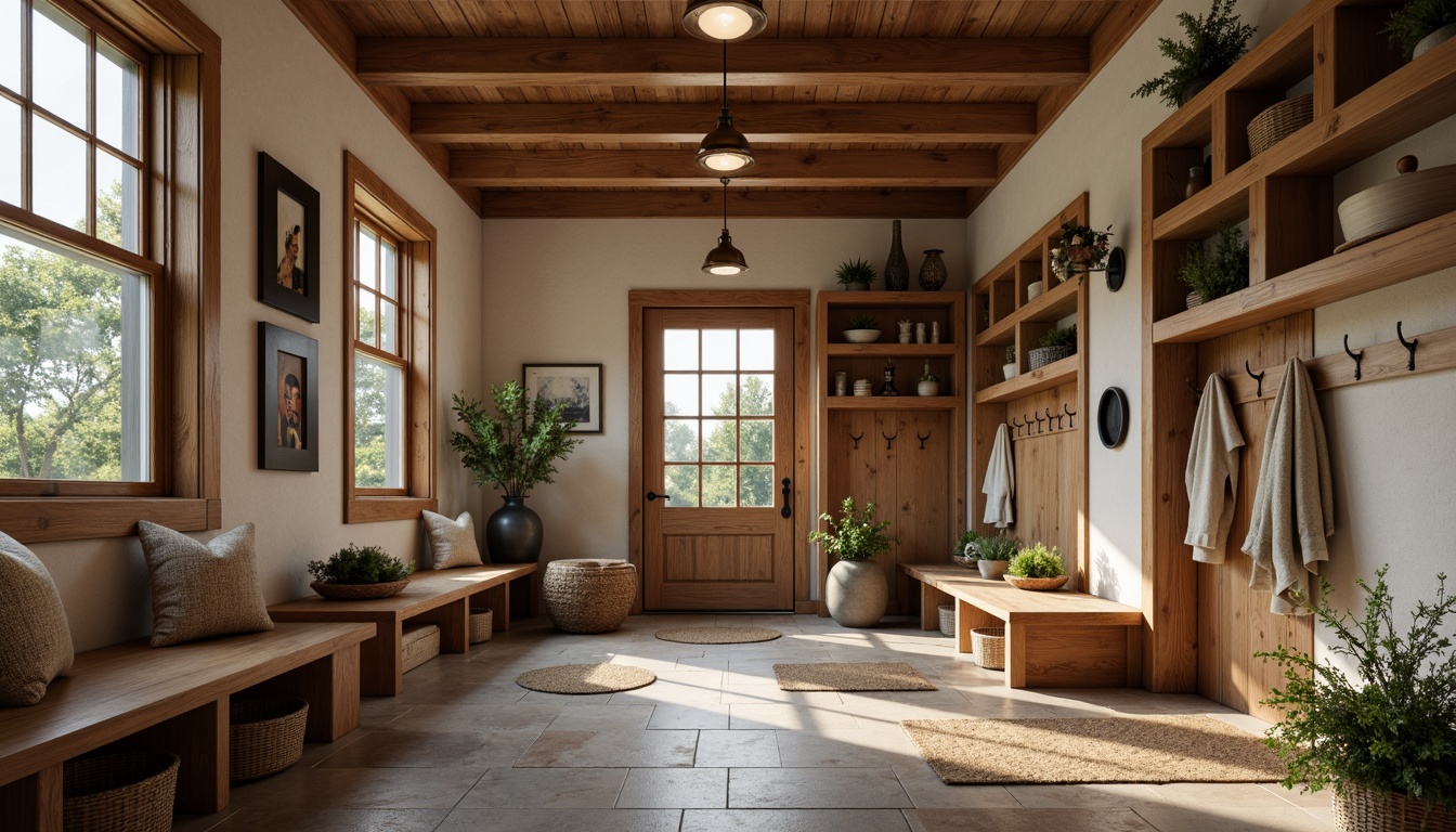 Prompt: Cozy mudroom, natural stone flooring, wooden accents, rustic decor, warm ambient lighting, soft overhead lighting, recessed ceiling lights, pendant lamps, industrial metal shades, woven baskets, plush area rugs, built-in benches, hooks for hanging, storage cubbies, natural textures, earthy color palette, calming atmosphere, 1/1 composition, warm white balance, subtle shadows, realistic reflections.