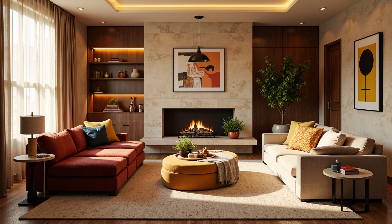 Prompt: Vibrant living room, warm beige walls, rich wood accents, plush velvet furniture, soft golden lighting, cozy atmosphere, natural stone fireplace, modern minimalist decor, bold abstract artwork, eclectic mix of patterns, luxurious fabrics, inviting ambiance, 1/2 composition, shallow depth of field, warm color tones, earthy undertones.