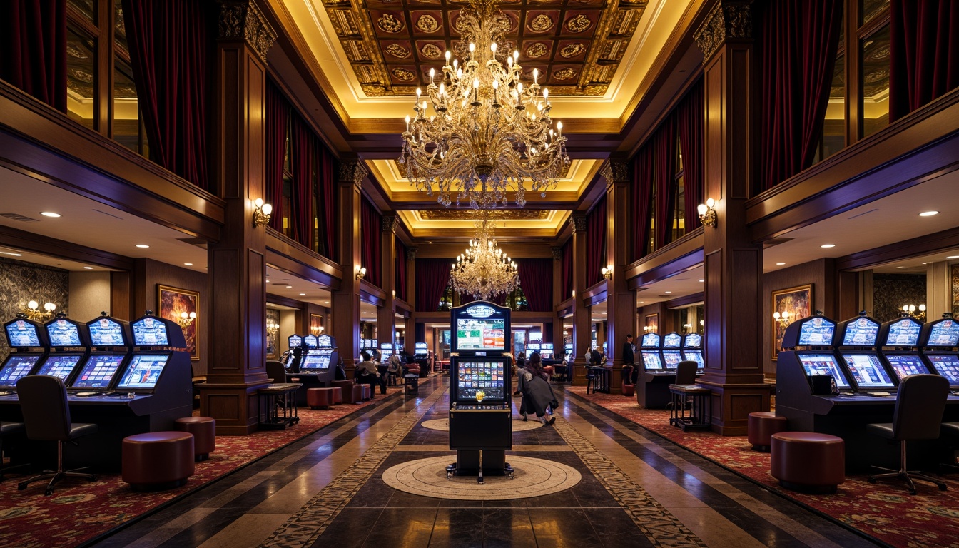 Prompt: Luxurious casino, gothic architectural style, grand high ceilings, ornate chandeliers, rich dark wood accents, intricate stone carvings, lavish velvet drapes, opulent marble floors, polished black granite, metallic inlays, patterned rugs, mysterious ambient lighting, dramatic shadows, 1/2 composition, low-angle shot, cinematic atmosphere.