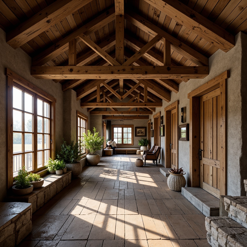 Prompt: Rustic wooden beams, exposed rafters, handcrafted woodwork, ornate trusses, decorative gables, steeply pitched roofs, double-hung windows, multi-paned doors, chunky stone foundations, earthy color palette, natural materials, organic textures, cozy atmosphere, warm ambient lighting, shallow depth of field, 2/3 composition, realistic rendering, subtle weathering effects.