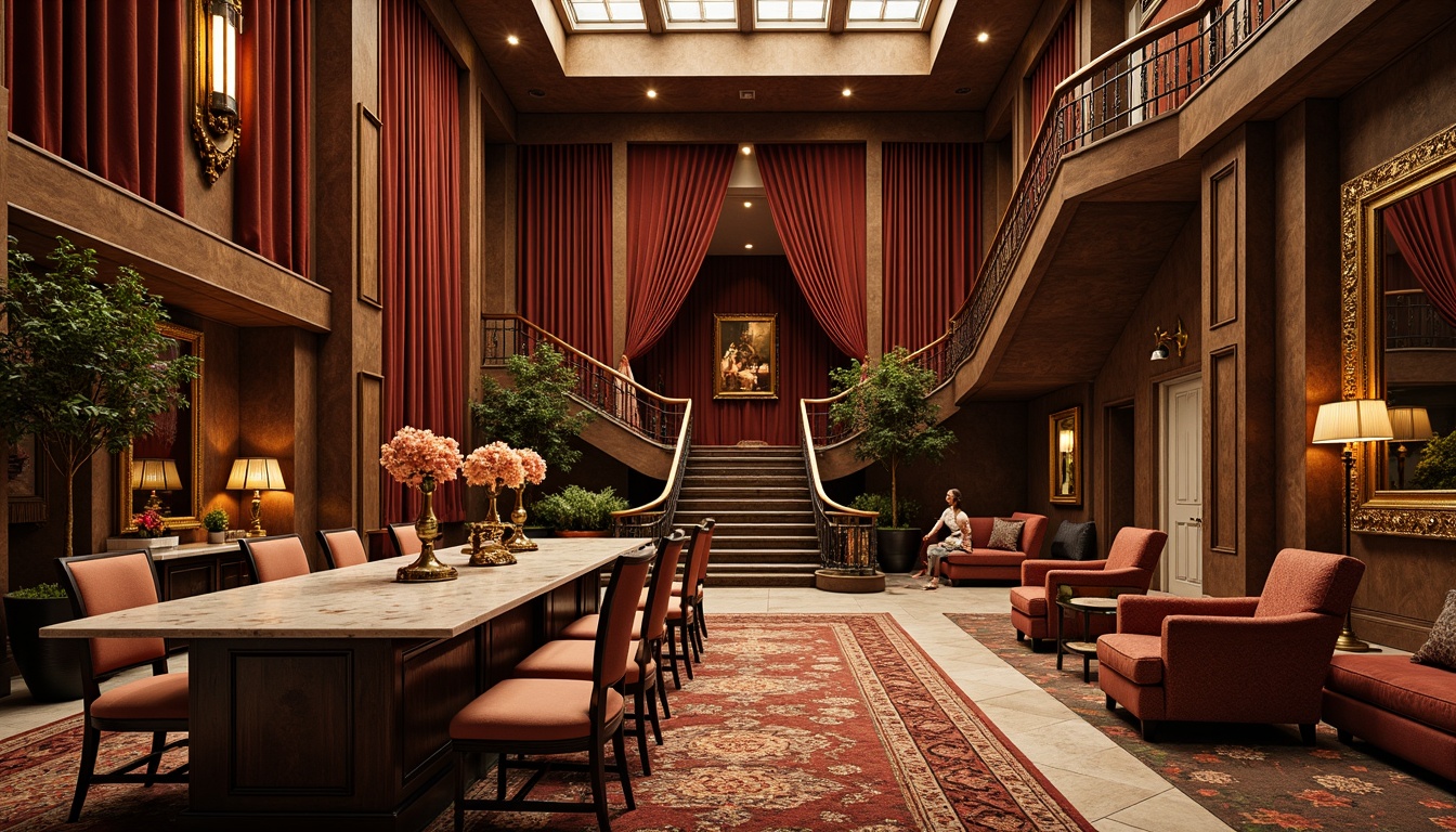 Prompt: Luxurious velvet fabrics, intricately carved wooden panels, gilded ornate mirrors, crystal chandeliers, marble countertops, ornamental metalwork, lavish furnishings, richly patterned rugs, opulent drapery, majestic staircase, grandiose high ceilings, warm golden lighting, soft focus blur, 1/1 composition, realistic reflections, ambient occlusion.