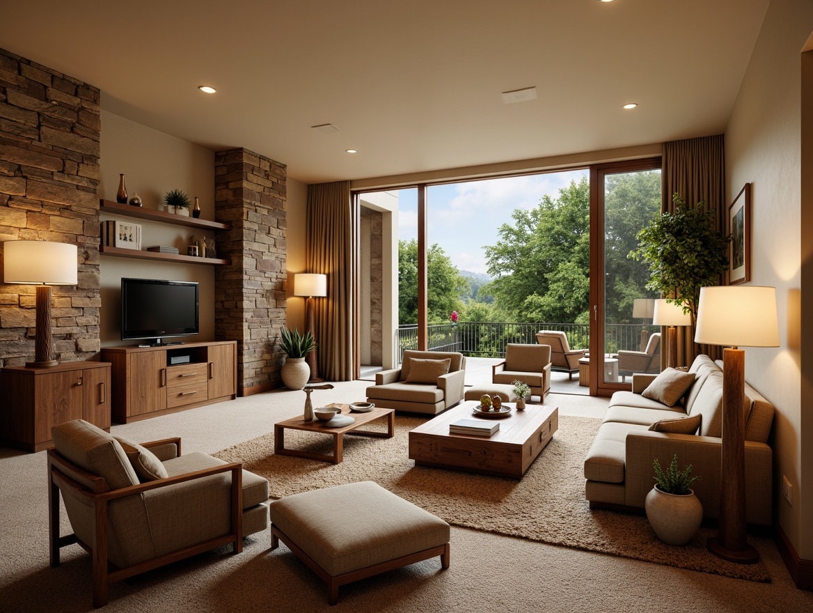 Prompt: Cozy family room, warm beige walls, natural stone accents, plush carpeting, comfortable sofas, rustic wooden coffee tables, soft cushions, warm ambient lighting, table lamps, floor-to-ceiling windows, scenic outdoor views, lush greenery, subtle earthy tones, organic textures, 3/4 composition, shallow depth of field, realistic rendering.