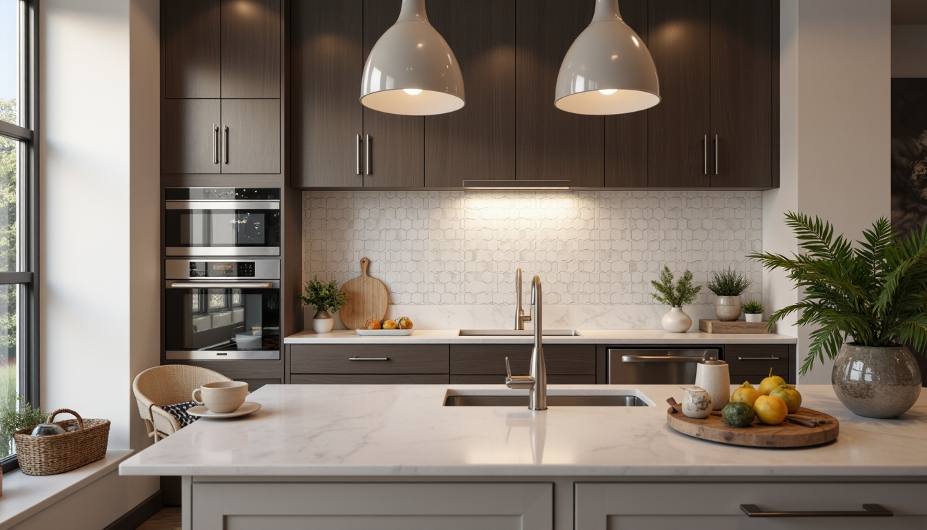 Prompt: Glossy kitchen countertops, elegant cabinetry, stylish backsplash designs, modern appliances, chic pendant lighting, hexagonal tiles, marble-inspired patterns, neutral color palette, subtle texture contrasts, warm ambient lighting, shallow depth of field, 1/1 composition, realistic reflections, detailed renderings.