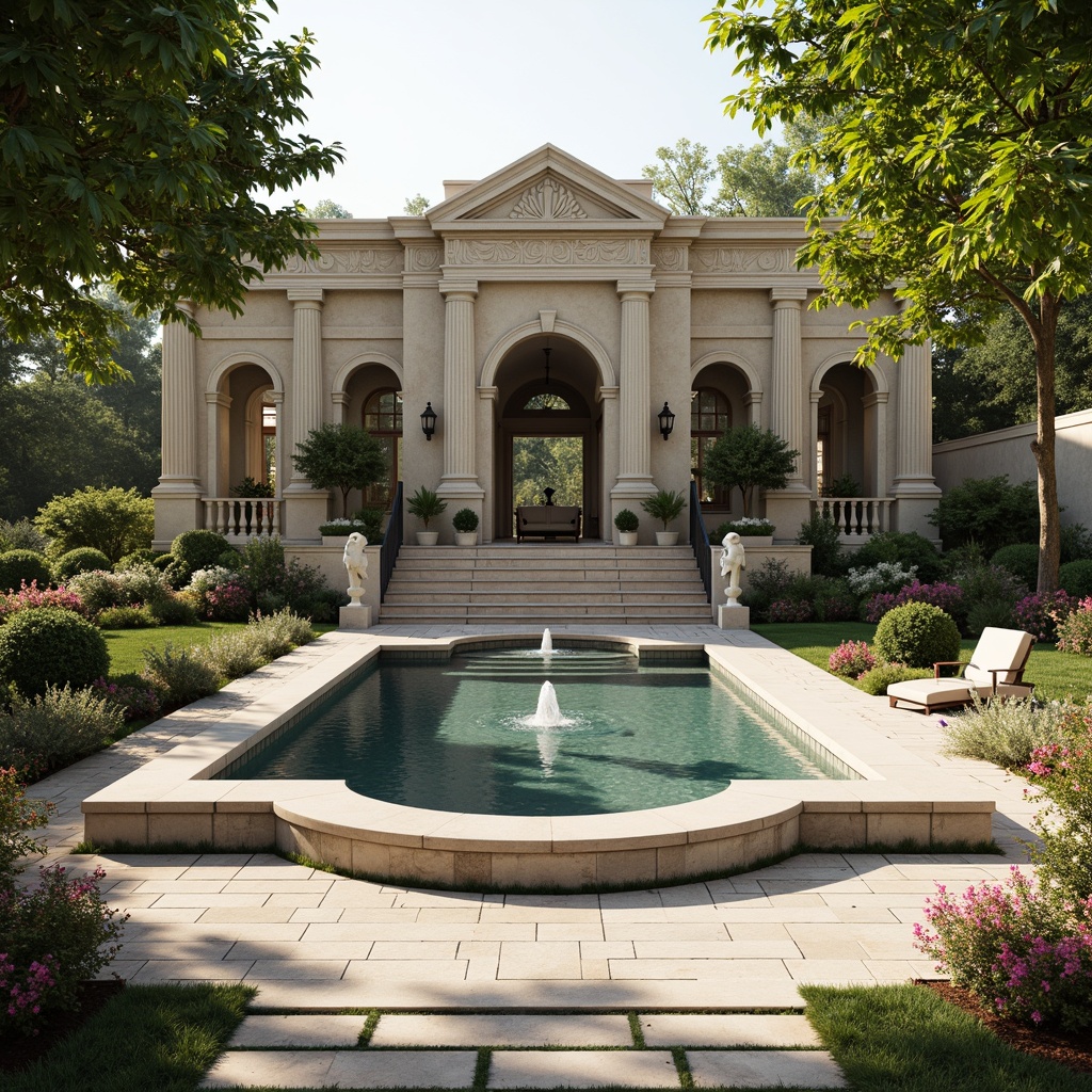 Prompt: Elegant neoclassical pool, symmetrical fountain, ornate stone carvings, majestic columns, grand staircases, lush greenery, vibrant flowers, tranquil water features, serene ambiance, natural stone pavers, marble statues, classical urns, ornamental lanterns, soft warm lighting, shallow depth of field, 3/4 composition, panoramic view, realistic textures, ambient occlusion.