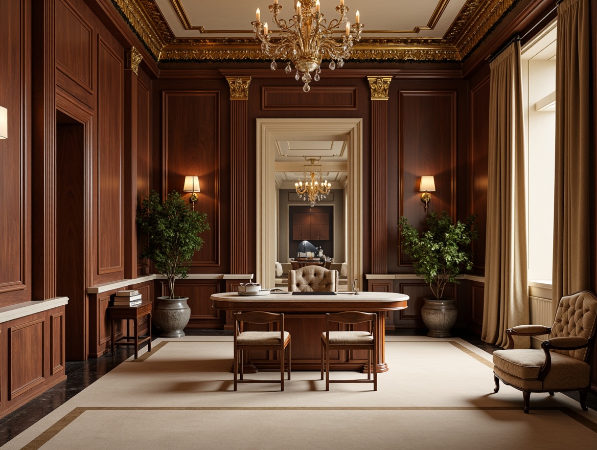 Prompt: Rich walnut wood paneling, ornate gold leaf detailing, creamy marble countertops, velvet upholstered furniture, luxurious silk drapes, intricate moldings, classic columns, soft warm lighting, shallow depth of field, 3/4 composition, symmetrical balance, elegant simplicity, refined sophistication, subtle ornamentation, earthy color palette, traditional Neoclassicism style, grandiose chandeliers, tufted leather armchairs, carved wooden accents, sophisticated home office interior.