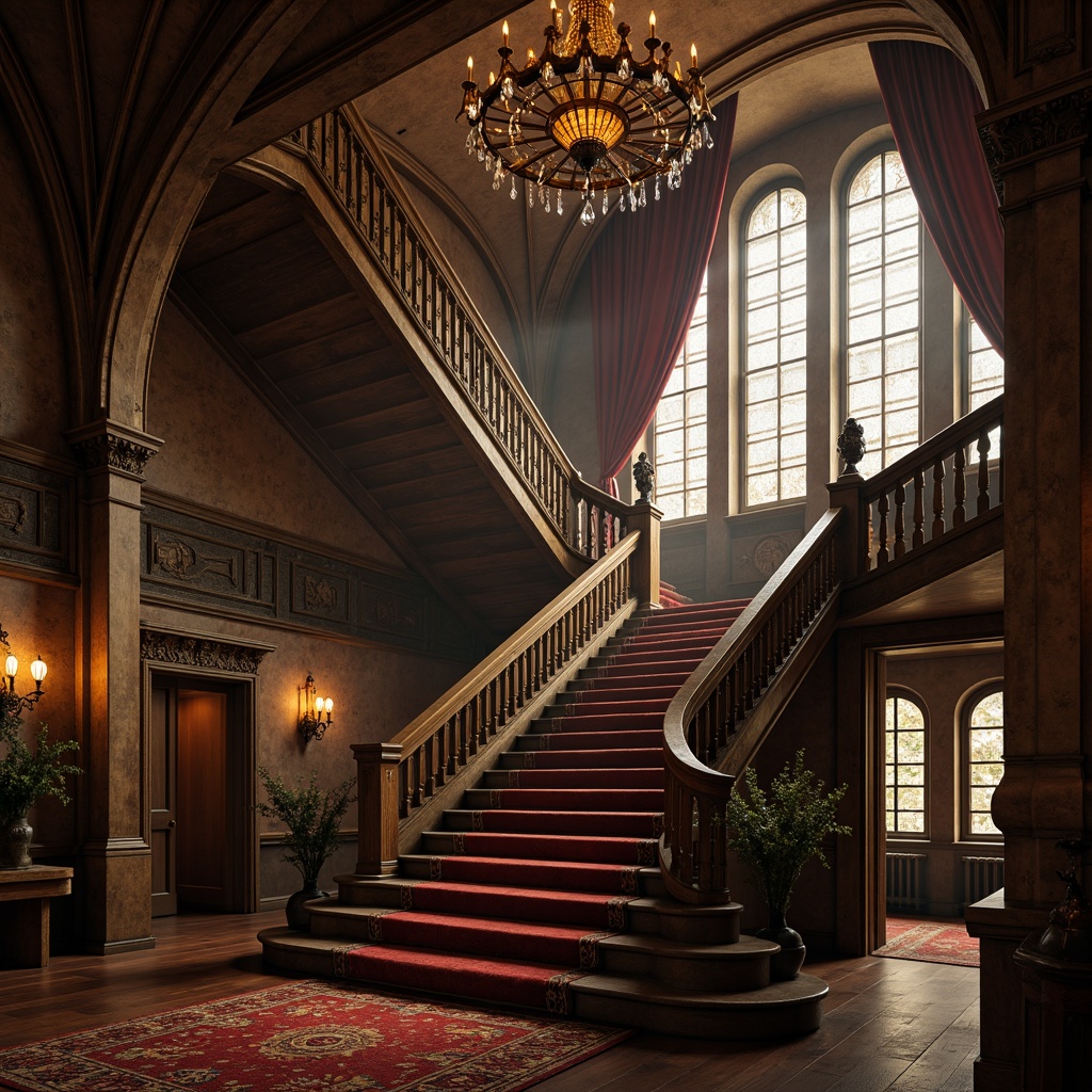 Prompt: Grandiose Gothic staircase, ornate balusters, majestic chandeliers, warm golden lighting, crystal droplets, intricate stone carvings, mysterious ambiance, dimly lit landings, lavish velvet drapes, regal crimson hues, ancient architectural details, weathered wooden railings, mystical fog effects, soft box lighting, 1/2 composition, atmospheric perspective, realistic materials, subtle glow.