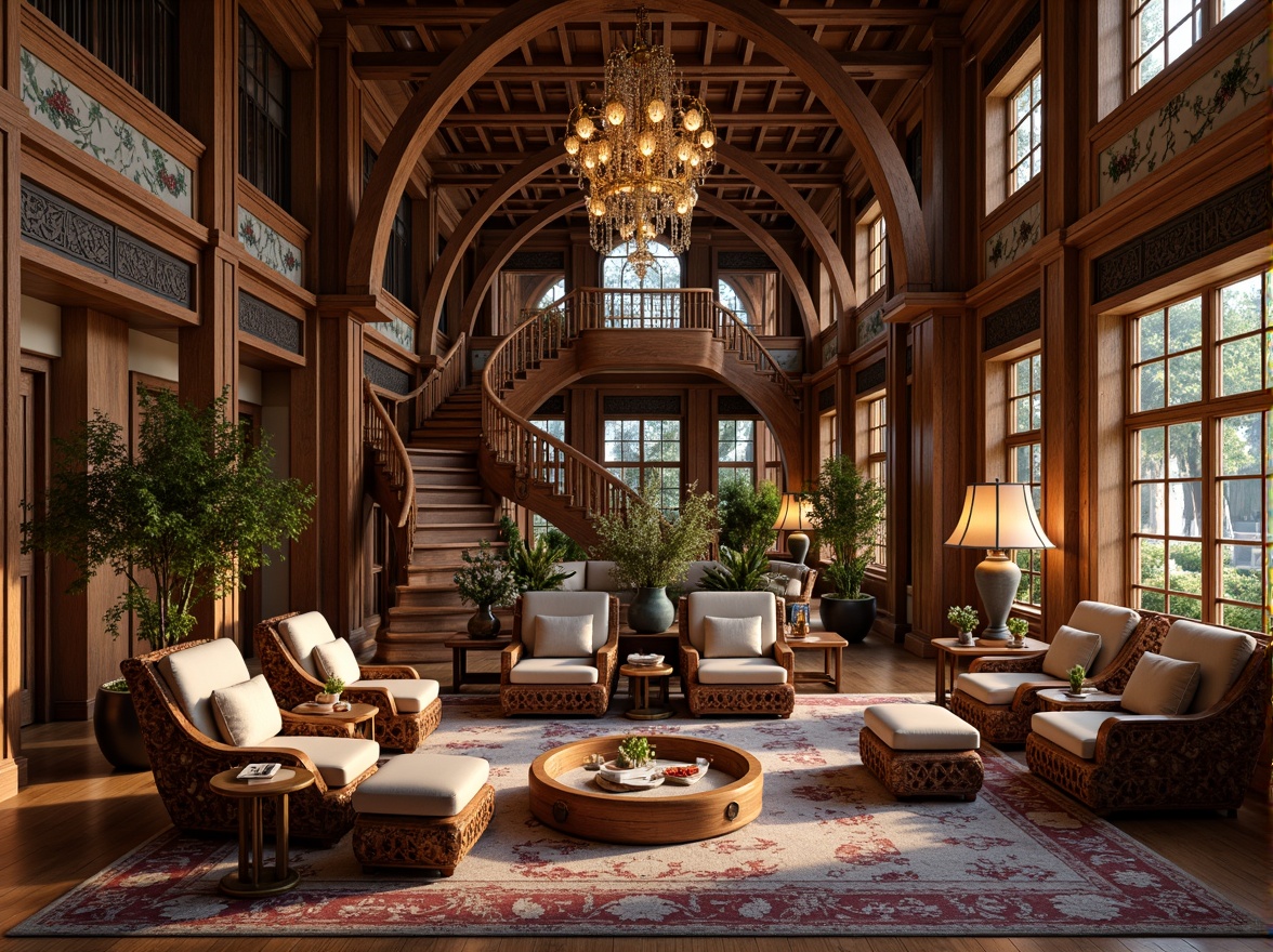 Prompt: Intricate wooden furniture, flowing organic lines, sinuous curves, ornate metalwork, stained glass decorations, luxurious velvet fabrics, rich walnut wood tones, subtle golden accents, soft warm lighting, shallow depth of field, 3/4 composition, panoramic view, realistic textures, ambient occlusion, opulent high ceilings, grandiose chandeliers, sweeping staircases, ornate plaster moldings, intricate mosaics, whimsical botanical patterns, fluid shapes, elegant proportions.