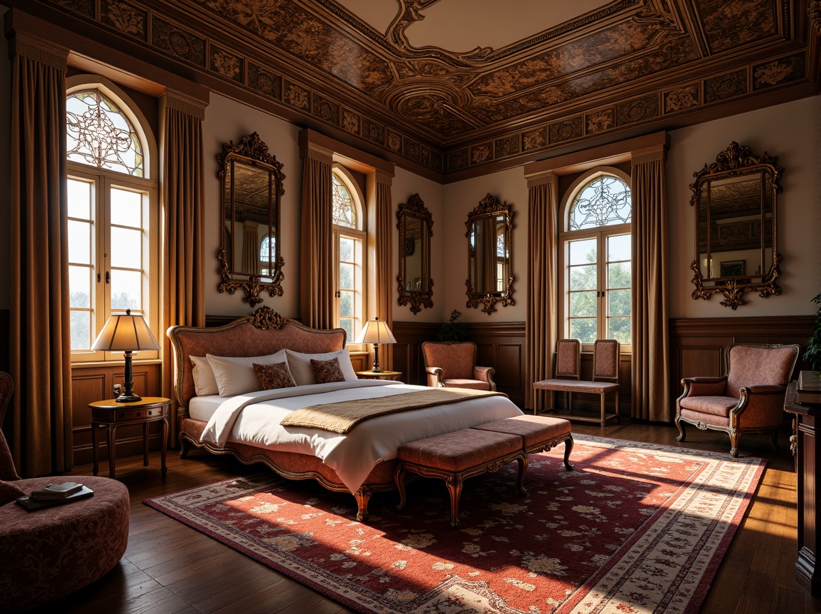 Prompt: Opulent bedroom, sinuous lines, flowing curves, organic shapes, intricate patterns, ornate details, luxurious fabrics, velvet upholstery, carved wooden furniture, ornamental mirrors, stained glass windows, soft warm lighting, gentle shadows, 3/4 composition, shallow depth of field, warm color palette, rich textures, ambient occlusion.Note