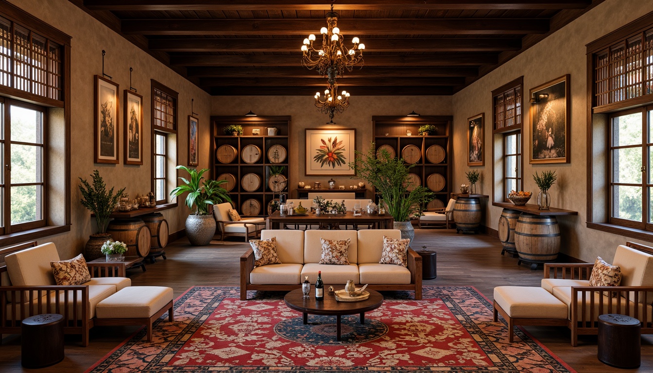 Prompt: Luxurious winery interior, traditional Asian-inspired decor, rich wood accents, ornate carvings, hand-painted murals, vibrant silk fabrics, intricate embroidery patterns, bold geometric motifs, subtle natural textures, elegant lanterns, warm soft lighting, cozy seating areas, wine barrel displays, rustic stone walls, vintage wooden crates, earthy color palette, serene ambiance, 1/1 composition, shallow depth of field, realistic material rendering.