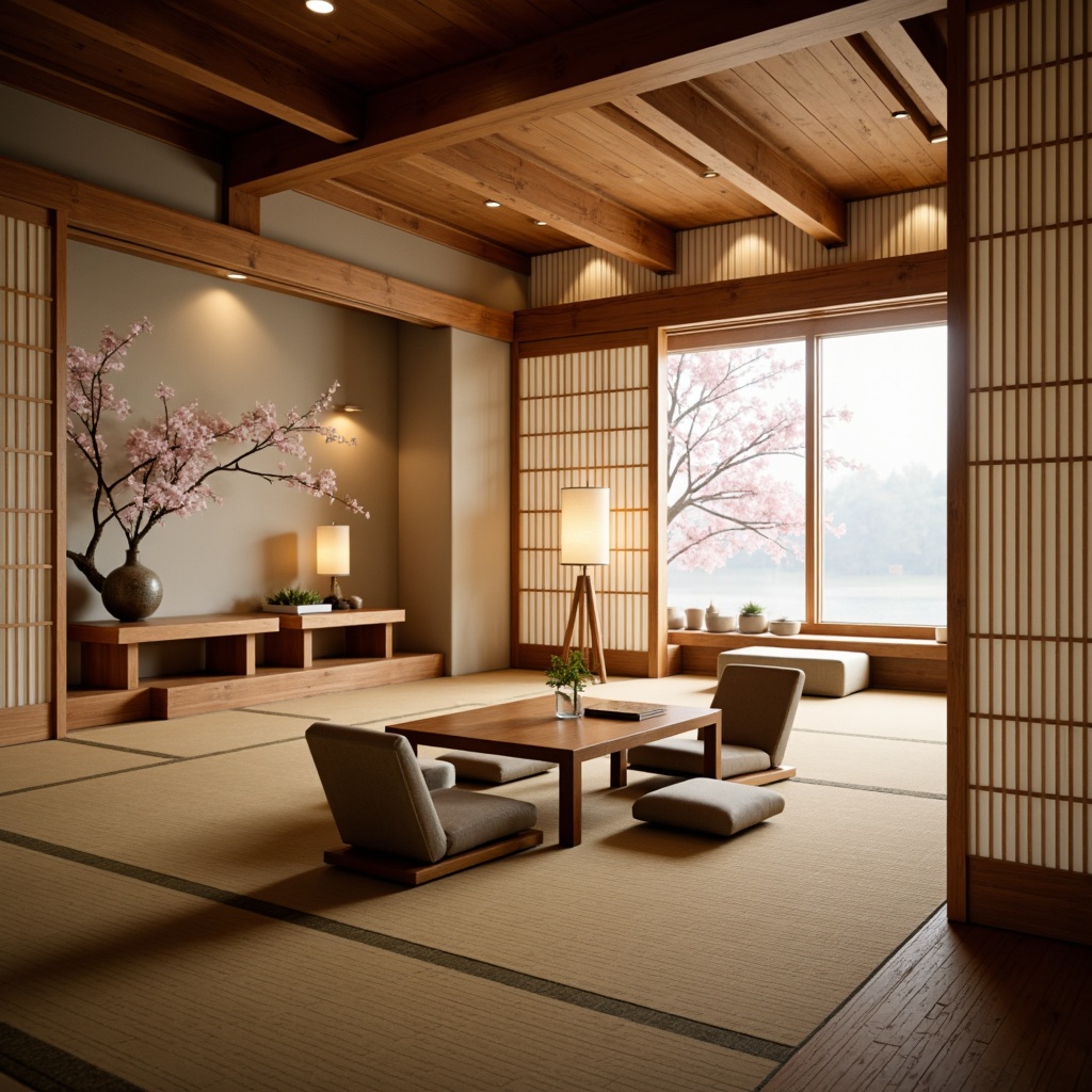 Prompt: Minimalist Asian-style interior, natural wood accents, sliding shoji screens, low-seating furniture, tatami mats, paper lanterns, soft warm lighting, shallow depth of field, 1/1 composition, serene ambiance, traditional Japanese ornaments, delicate cherry blossom patterns, subtle textures, ambient occlusion.