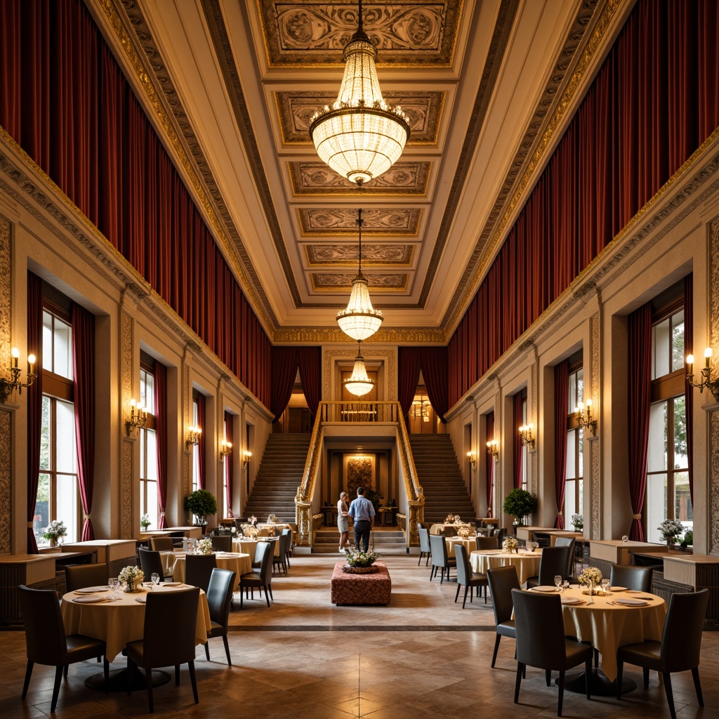 Prompt: Elegant dining hall, neoclassical architecture, ornate chandeliers, rich textiles, velvet drapes, luxurious furnishings, golden accents, intricate moldings, high ceilings, marble floors, grand staircase, symmetrical composition, soft warm lighting, shallow depth of field, 1/2 composition, realistic textures, ambient occlusion.