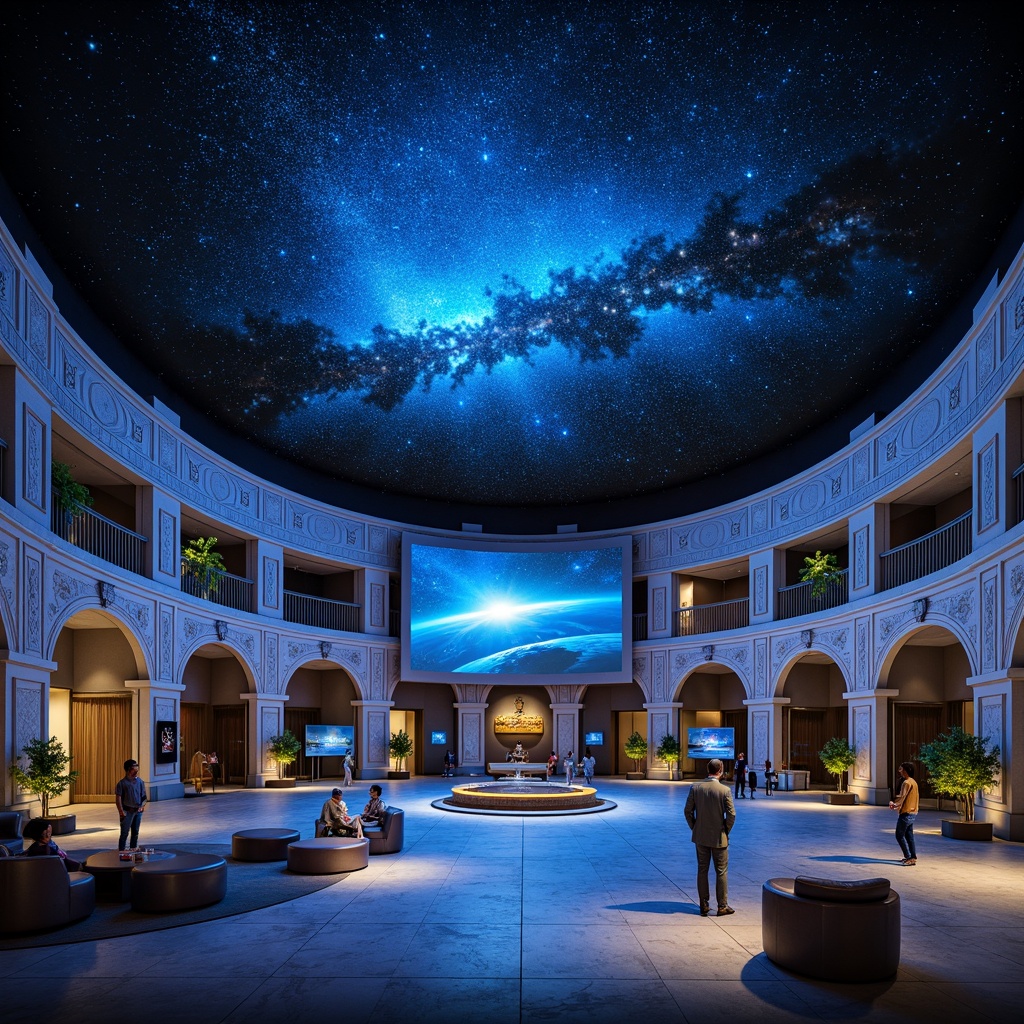 Prompt: Celestial-themed planetarium, ornate starry night sky, twinkling LED lights, majestic dome-shaped ceiling, futuristic astronomy equipment, interactive exhibits, 3D visualizations, virtual reality experiences, comfy seating areas, ambient space sounds, soft blue lighting, gradient color transitions, metallic accents, glass floors, minimalist furniture, spherical projection screens, astronomical instruments, ancient constellation patterns, intricate stone carvings, ornate railings, grand entranceways, sweeping arches.