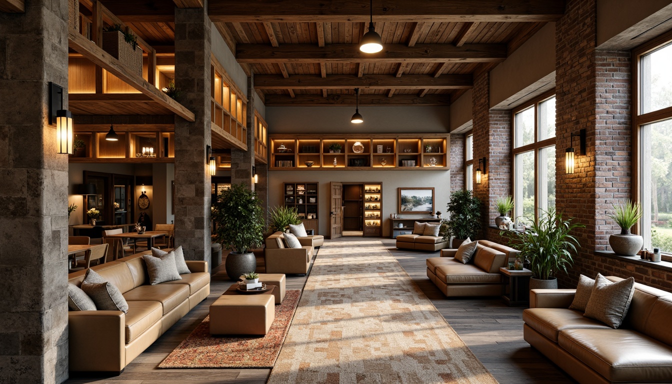 Prompt: Rustic university interior, reclaimed wood accents, distressed wooden floors, earthy color palette, natural stone walls, exposed brick details, cozy reading nooks, comfortable lounge seating, warm pendant lighting, industrial metal fixtures, vintage decorative items, woven baskets, natural fiber rugs, organic textures, earth-toned ceramics, worn leather upholstery, rich wood tones, soft warm ambiance, shallow depth of field, 1/2 composition, intimate atmospheric lighting.