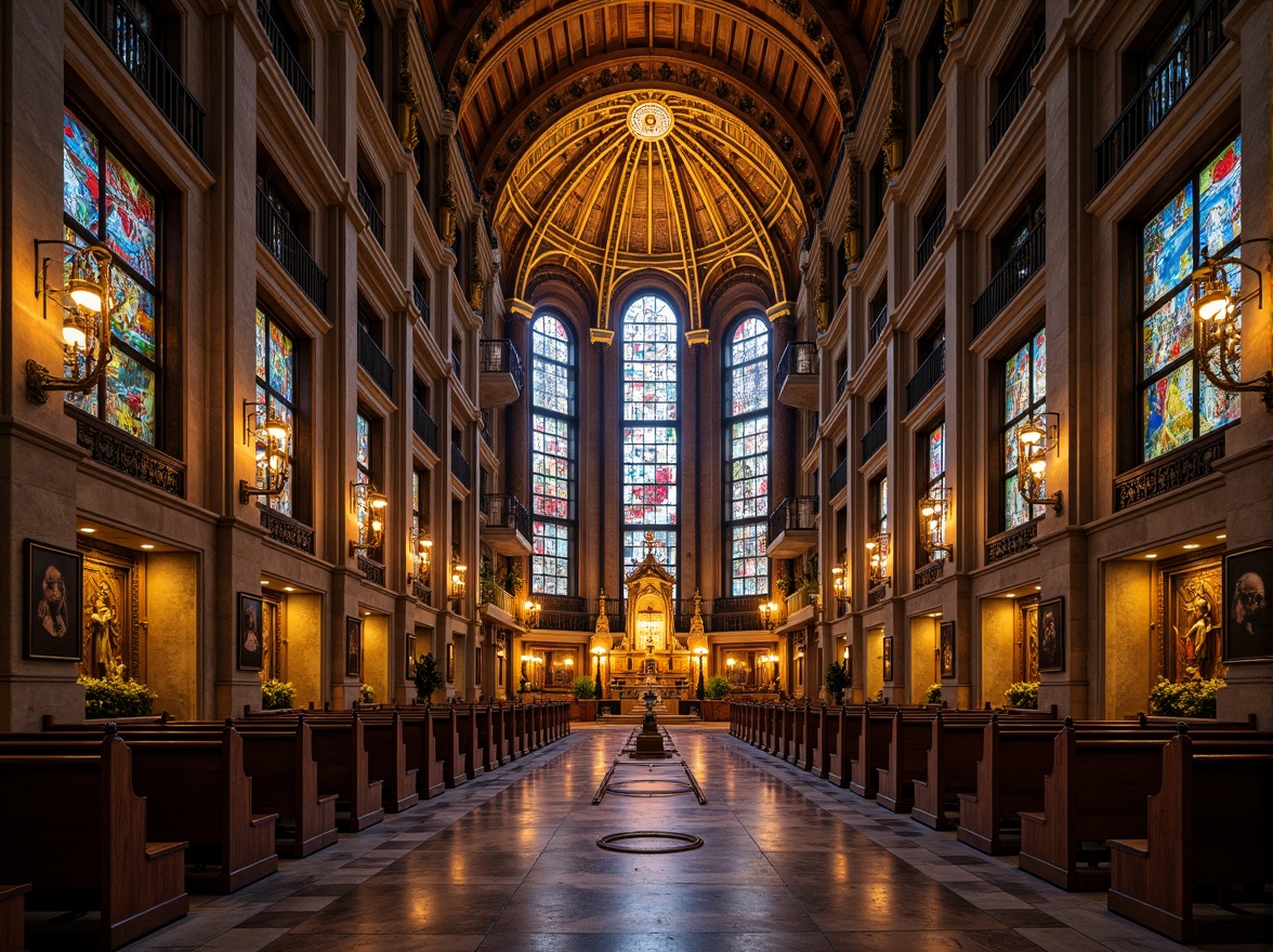 Prompt: Intricate stone carvings, ornate golden domes, grandiose cathedrals, rustic wooden beams, vibrant stained glass windows, lavish marble floors, sacred relics, dimly lit chapels, soft warm candlelight, shallow depth of field, 1/1 composition, symmetrical architecture, rich textures, ambient occlusion, mystical atmosphere.