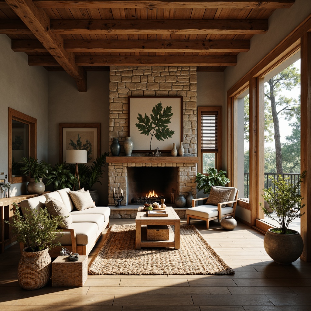 Prompt: Cozy great room, rustic wooden beams, stone fireplace, earthy tone color palette, natural textiles, woven baskets, potted plants, reclaimed wood furniture, plush area rugs, warm ambient lighting, soft focus, shallow depth of field, 2/3 composition, inviting atmosphere, nature-inspired accents, botanical prints, vintage outdoor gear, distressed metal decorations, organic shapes, earthenware vases, wooden wall panels, forest views, sunny afternoon, gentle breeze.