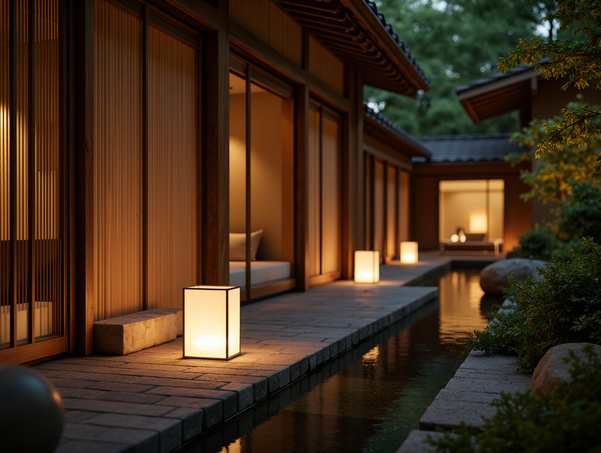 Prompt: Warm lanterns, soft glowing lights, paper lanterns, natural wood accents, traditional Japanese shoji screens, sliding glass doors, lush greenery, serene water features, minimalist decor, elegant simplicity, cultural heritage inspiration, subtle color palette, warm beige tones, rich wood textures, ambient lighting, cozy atmosphere, inviting ambiance, subtle fragrance, gentle breeze, 1/1 composition, shallow depth of field, realistic rendering.