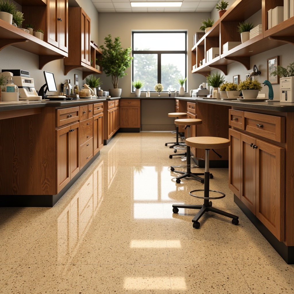 Prompt: Traditional laboratory interior, warm beige Terrazzo flooring, glossy finish, subtle aggregate patterns, wooden cabinetry, classic laboratory equipment, stainless steel workbenches, ergonomic stools, softbox lighting, 1/2 composition, shallow depth of field, realistic textures, ambient occlusion.