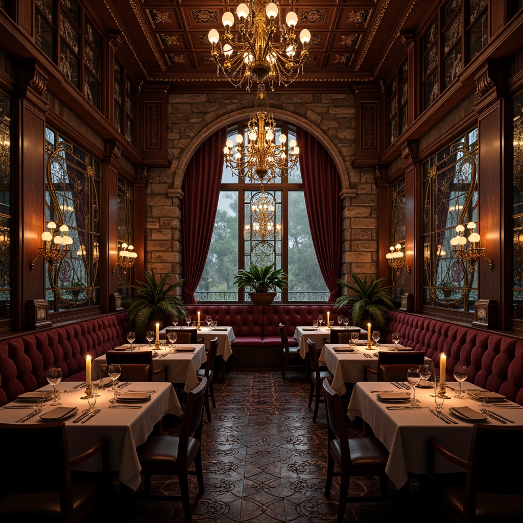 Prompt: Richly ornate restaurant interior, dark wood paneling, carved stone walls, grand chandeliers, stained glass windows, intricate metalwork, ornate mirrors, velvet drapes, luxurious upholstery, mystical ambiance, candlelit tables, mysterious shadows, dim warm lighting, shallow depth of field, 1/1 composition, atmospheric perspective, highly detailed textures, ambient occlusion.