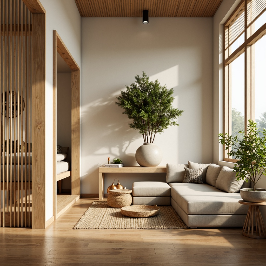 Prompt: Natural bamboo textures, earthy tones, soft beige, creamy whites, warm wood accents, rich brown floors, lively greenery, organic patterns, woven fibers, minimalist decor, sleek metal details, subtle lighting, ambient glow, 1/1 composition, realistic render, serene atmosphere.