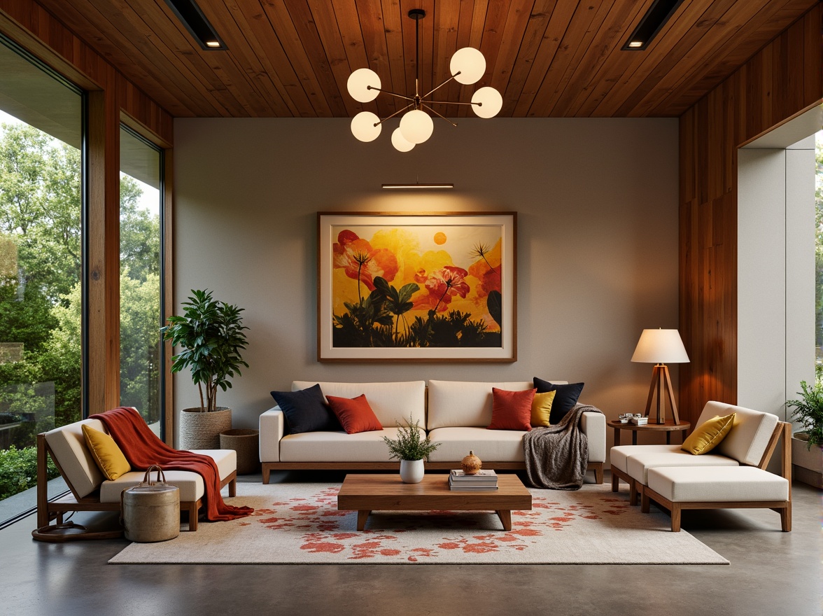 Prompt: Mid-century modern living room, sleek low-profile furniture, rich wood tones, geometric patterns, bold color accents, stylish lighting fixtures, pendant lamps, sputnik chandeliers, globe pendants, minimalist ceiling mounts, warm beige walls, polished concrete floors, lush greenery, natural textiles, organic shapes, 3/4 composition, shallow depth of field, soft warm glow, realistic reflections.