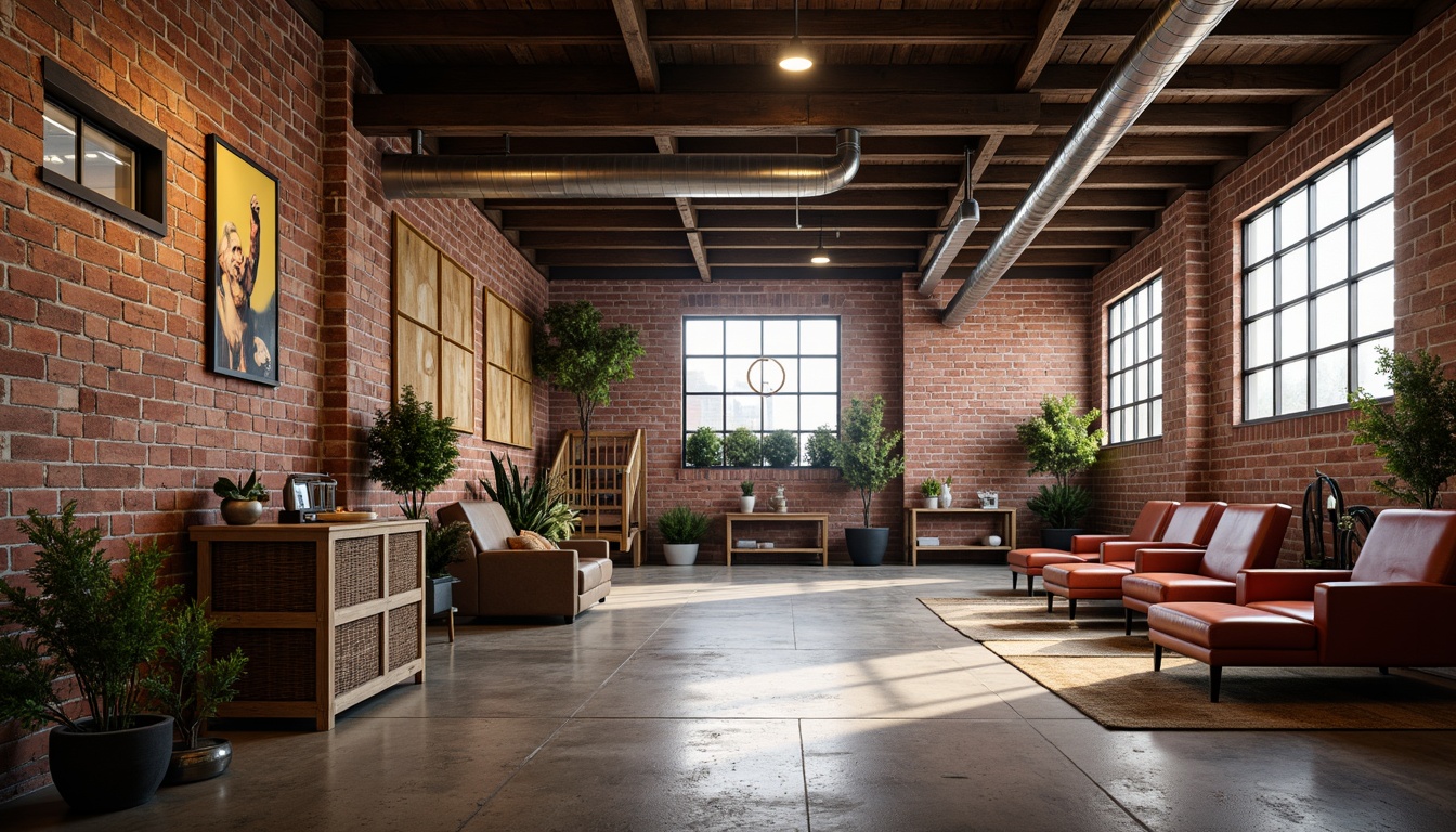 Prompt: Industrial-style garage, exposed brick walls, metallic accents, bold color scheme, rich wood tones, distressed finishes, functional lighting, urban loft atmosphere, rough-textured concrete floors, reclaimed wood decorations, edgy modern furniture, vibrant accent colors, warm beige backgrounds, sleek steel machinery, dynamic shading, high-contrast ratio, dramatic spotlighting, realistic reflections.