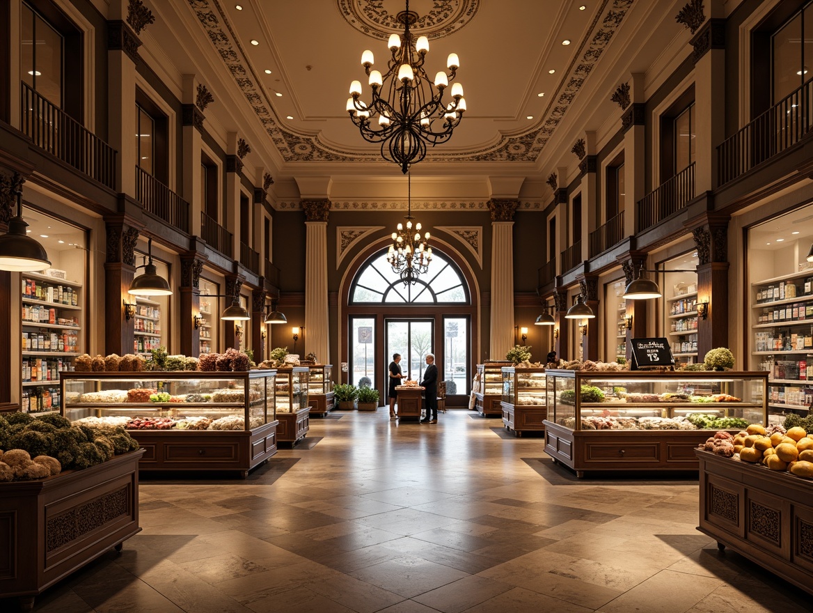 Prompt: Warm and inviting grocery store interior, classical architectural details, ornate moldings, grand chandeliers, soft warm lighting, recessed ceiling lights, elegant pendant lamps, polished marble floors, rich wood tones, ornate columns, traditional storefront facade, large display windows, decorative metalwork, subtle color palette, neutral background, focused product highlighting, dramatic vertical lighting, 1/1 composition, realistic textures, ambient occlusion.