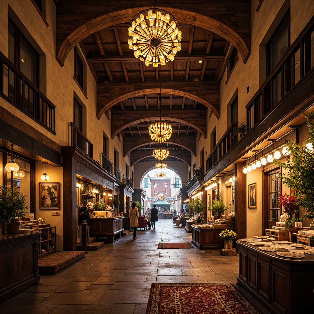 Prompt: Luxurious market renaissance interior, ornate chandeliers, intricately carved wooden accents, grand archways, opulent fabrics, richly patterned rugs, vintage-inspired furniture, distressed stone walls, warm candlelight, soft golden lighting, shallow depth of field, 1/2 composition, realistic textures, ambient occlusion, bustling marketplace atmosphere, lively street performers, ornate metalwork, decorative ceramics, lavish frescoes, grandiose staircases.