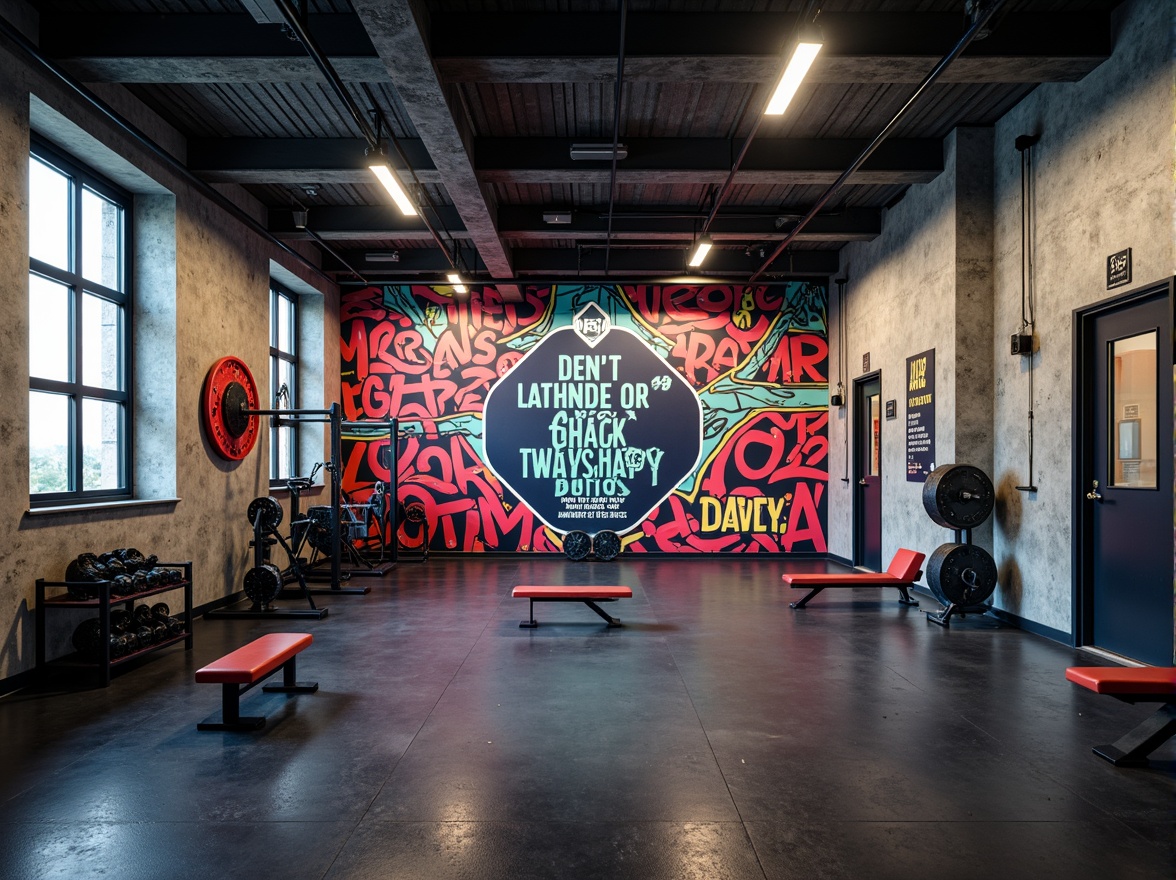 Prompt: Vibrant fitness gym, motivational quotes, bold typography, abstract sports-themed murals, urban graffiti styles, concrete walls, modern industrial architecture, high ceilings, exposed ductwork, sleek metal equipment, rubber flooring, dynamic lighting systems, 1/2 composition, shallow depth of field, realistic textures, ambient occlusion.