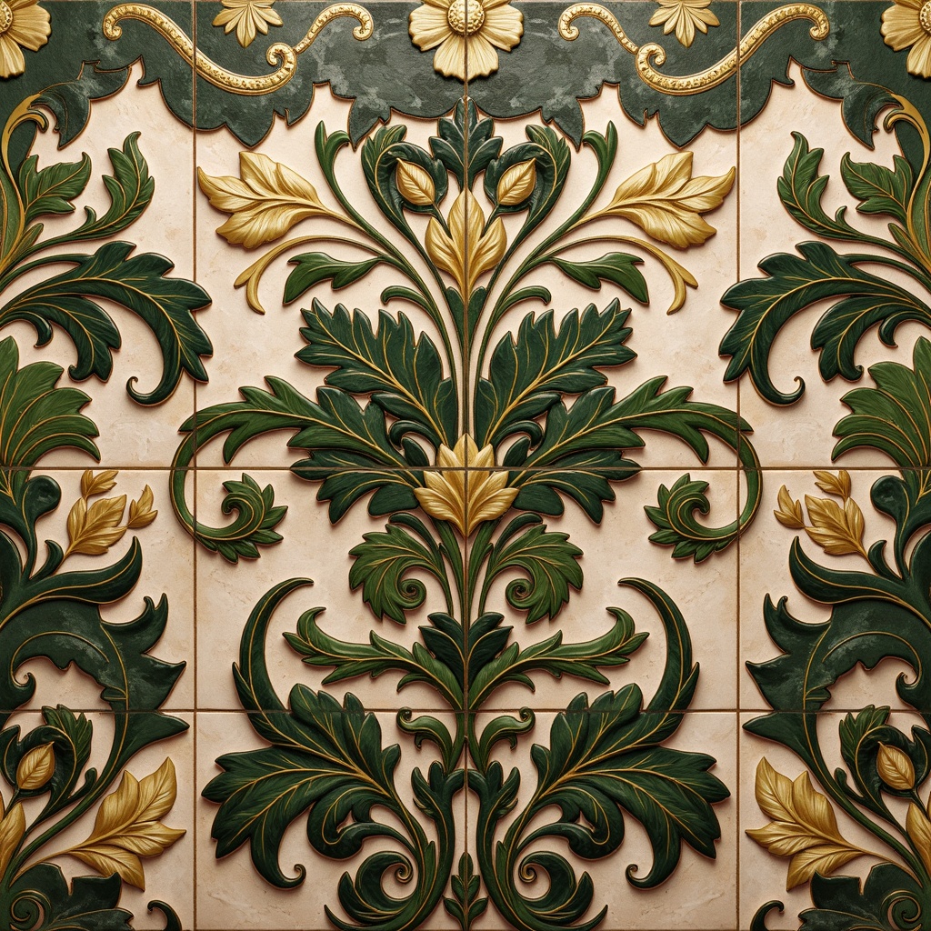 Prompt: Intricate floral patterns, organic shapes, sinuous lines, flowing curves, ornate details, ceramic tiles, earthy tones, moss green accents, golden highlights, soft warm lighting, shallow depth of field, 1/1 composition, realistic textures, ambient occlusion, botanical illustrations, elegant typography, luxurious materials, decorative borders, geometric motifs, natural forms, whimsical designs, vintage inspiration.