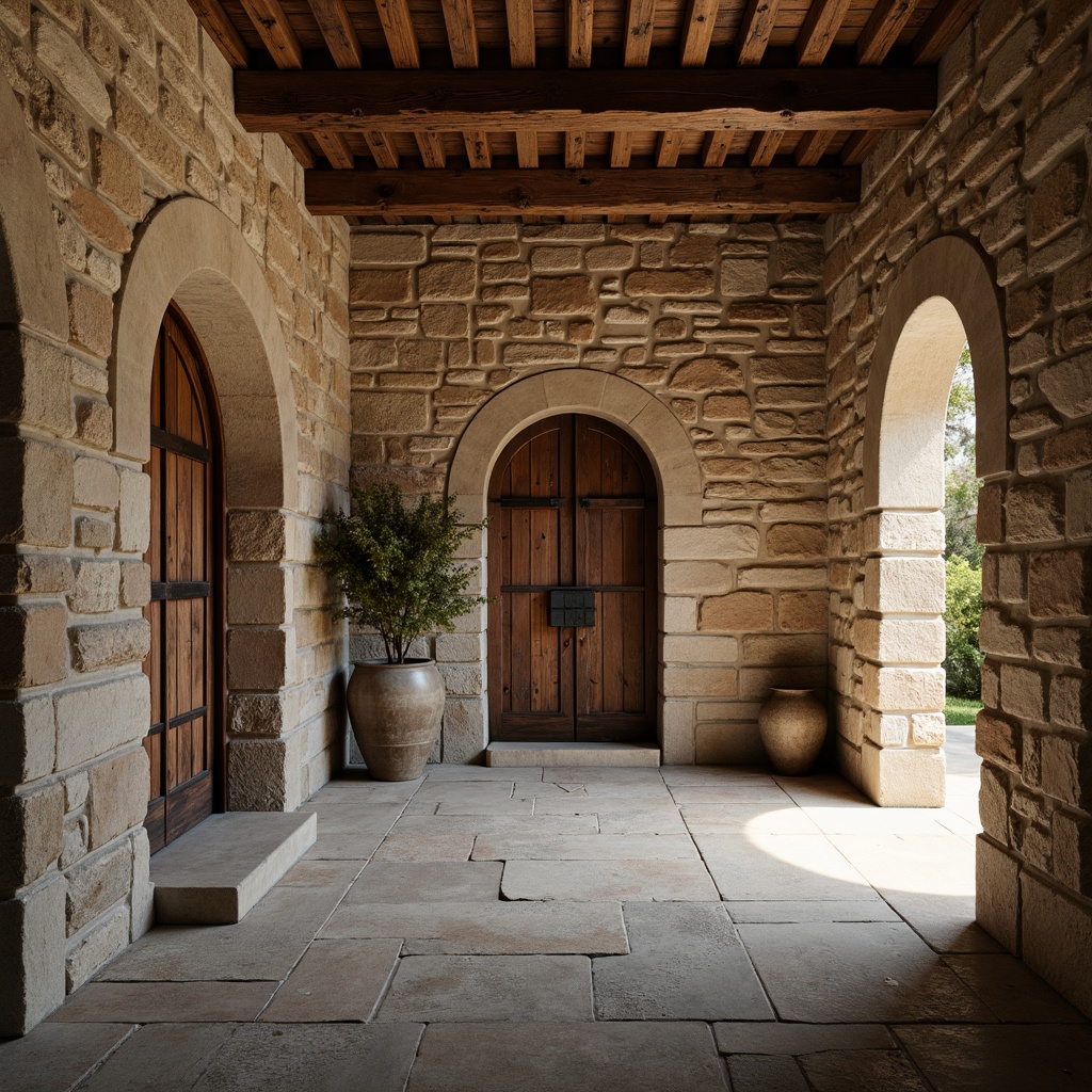 Prompt: Rustic stone walls, distressed wooden planks, weathered brick facades, earthy color palette, natural stone flooring, reclaimed wood accents, vintage metal decorations, ornate wooden doors, arched windows, soft warm lighting, shallow depth of field, 1/1 composition, realistic textures, ambient occlusion, cozy atmosphere, inviting ambiance.