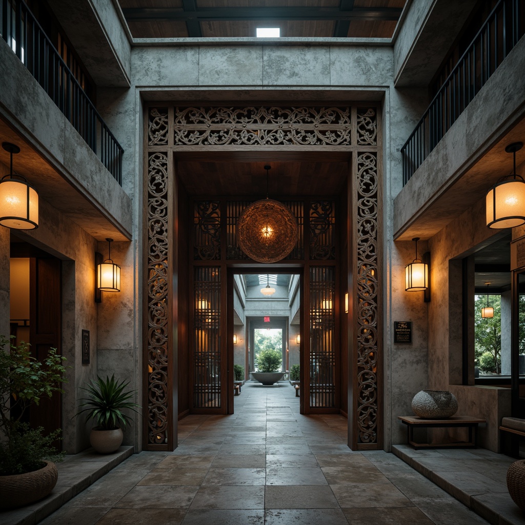 Prompt: Ancient Asian temple, intricately carved wooden doors, ornate metal lanterns, distressed concrete walls, exposed industrial pipes, reclaimed wood accents, vintage factory windows, modern minimalist decor, subtle neon lighting, atmospheric mist, shallow depth of field, 2/3 composition, cinematic view, realistic textures, ambient occlusion.