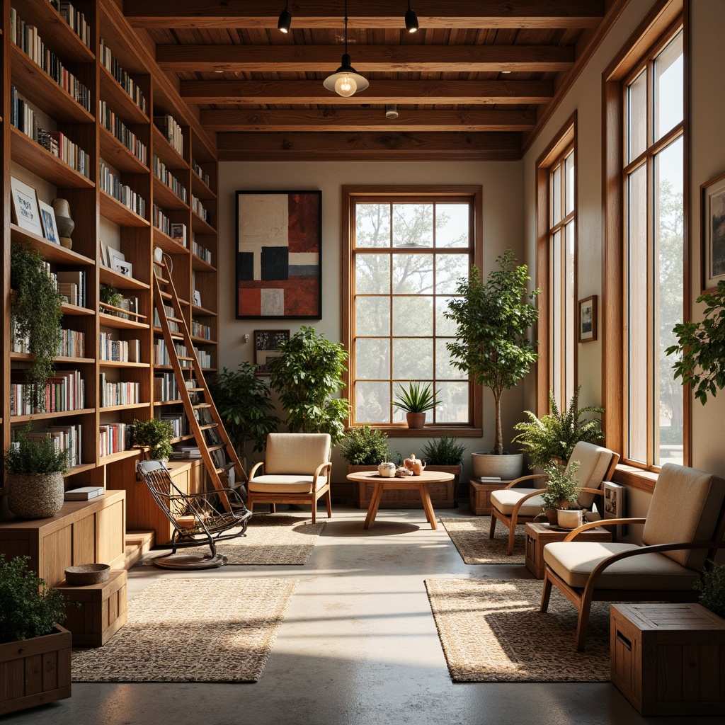 Prompt: Cozy bookstore, mid-century modern style, warm wood tones, floor-to-ceiling shelves, ladder bookcases, vintage metal chairs, comfortable reading nooks, geometric patterned rugs, natural stone flooring, large windows, abundant natural light, soft warm lighting, minimalist decor, abstract artwork, Scandinavian-inspired furniture, eclectic book collections, wooden book crates, potted greenery, peaceful atmosphere, shallow depth of field, 1/1 composition, realistic textures, ambient occlusion.