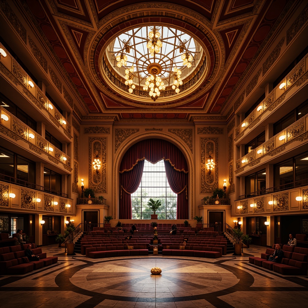 Prompt: Grand amphitheater, ornate Art Deco interior, richly textured surfaces, luxurious velvet drapes, polished marble floors, intricate geometric patterns, metallic accents, lavish chandeliers, sunken seating areas, curved staircases, ornamental railings, golden lighting fixtures, warm ambient glow, soft focus blur, 1/1 composition, dramatic low-angle shot, cinematic atmosphere, detailed textures, subtle material reflections.