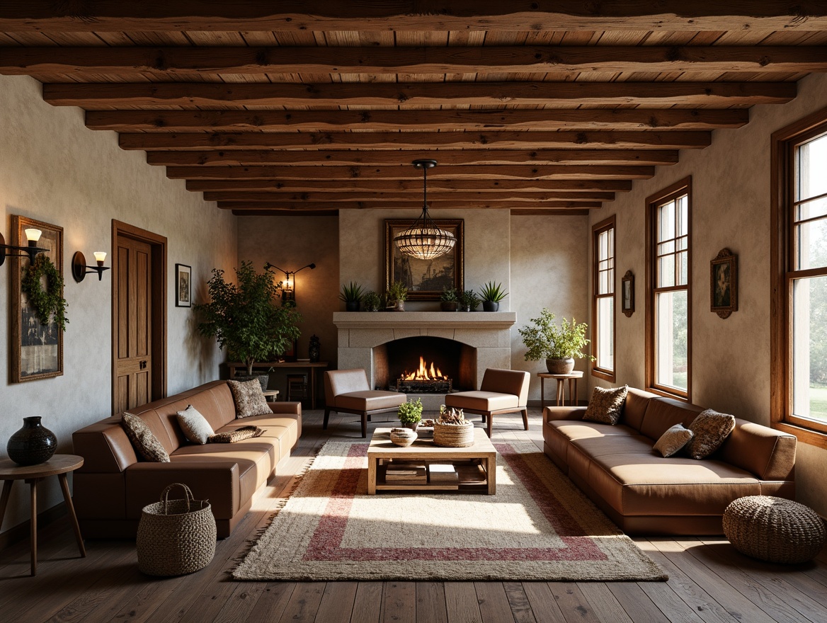 Prompt: Rustic hall, wooden beams, stone fireplace, earthy tones, natural textures, cozy atmosphere, vintage furniture, distressed wood, leather armchairs, plush couches, woven baskets, handmade crafts, warm lighting, soft rugs, wooden flooring, traditional craftsmanship, ornate carvings, classic designs, elegant chandeliers, natural fabrics, organic shapes.