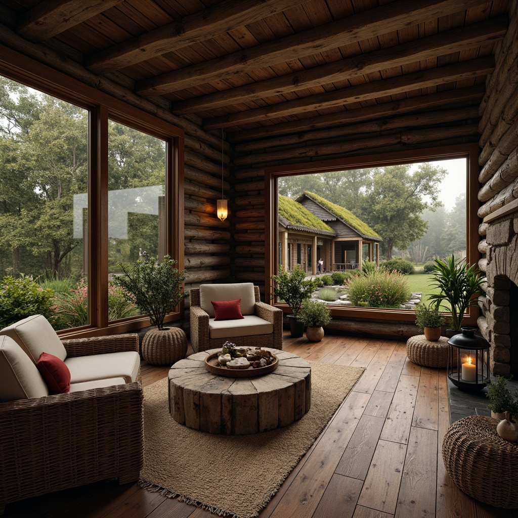 Prompt: Rustic cabin, wooden logs, stone walls, earthy tones, natural textures, woven wicker furniture, vintage metal lanterns, distressed wood accents, cozy fireplaces, warm candlelight, moss-covered roofs, overgrown gardens, misty mornings, soft diffused lighting, shallow depth of field, 1/1 composition, realistic materials, ambient occlusion.