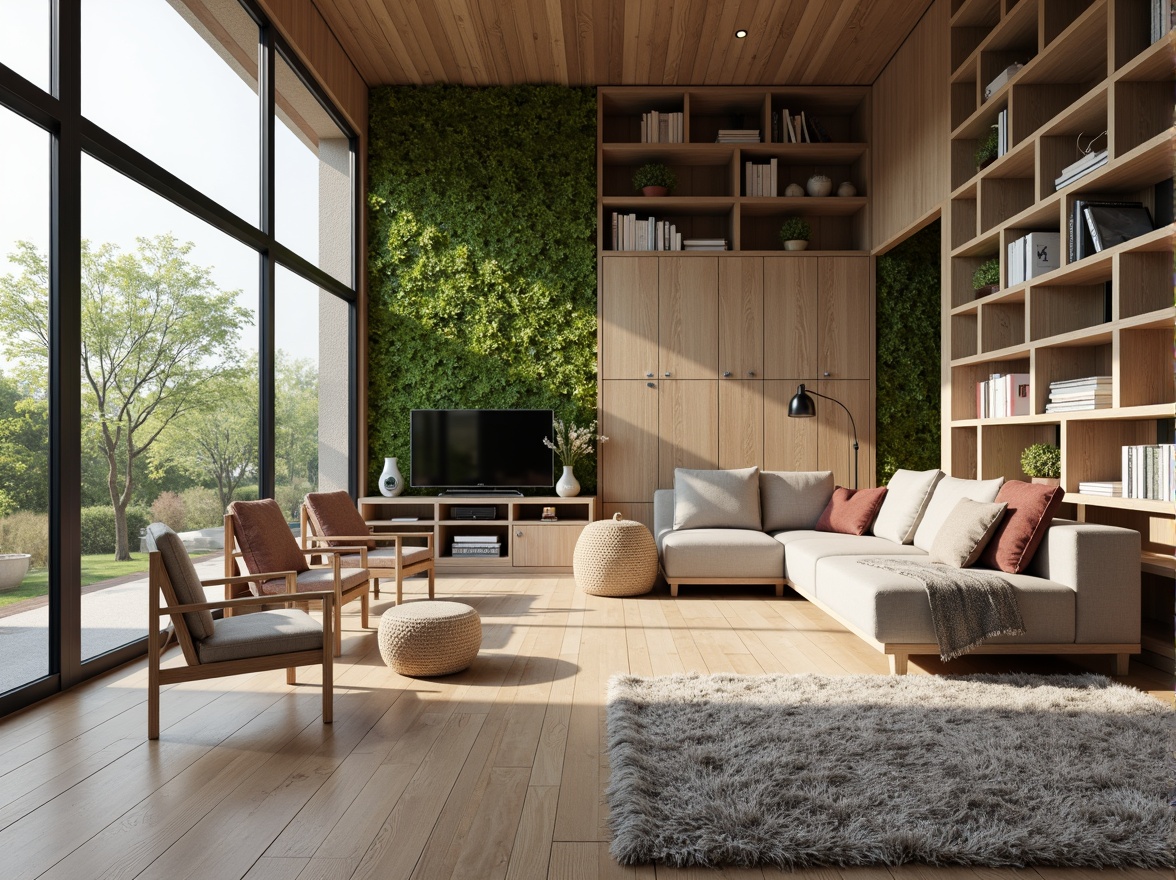 Prompt: Minimalist living room, floor-to-ceiling windows, natural light, sleek wooden floors, modern furniture, greenery walls, cozy reading nooks, built-in shelving units, minimalist color palette, textured throw blankets, pendant lighting fixtures, calm atmosphere, warm neutral tones, 3/4 composition, shallow depth of field, realistic textures, ambient occlusion.