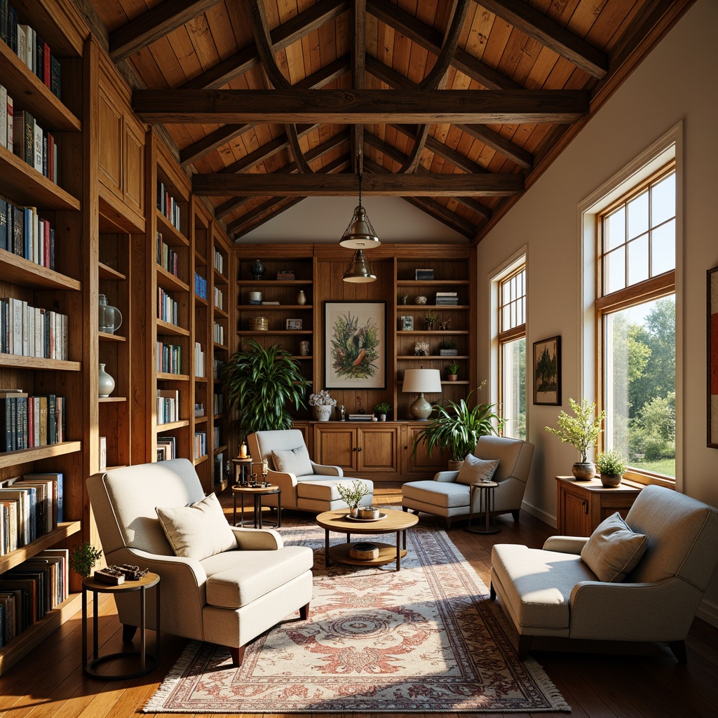 Prompt: Rustic farmhouse library, warm wooden shelves, vintage books, cozy reading nooks, plush armchairs, soft cushioning, natural textiles, earthy color palette, warm beige walls, distressed wood accents, metal lanterns, pendant lights, table lamps, floor lamps, warm white lighting, softbox shadows, high ceiling, exposed beams, wooden ladder, comfortable seating areas, built-in bookcases, decorative rugs, nature-inspired artwork, vintage farmhouse decor, peaceful ambiance, morning sunlight, soft focus, shallow depth of field.