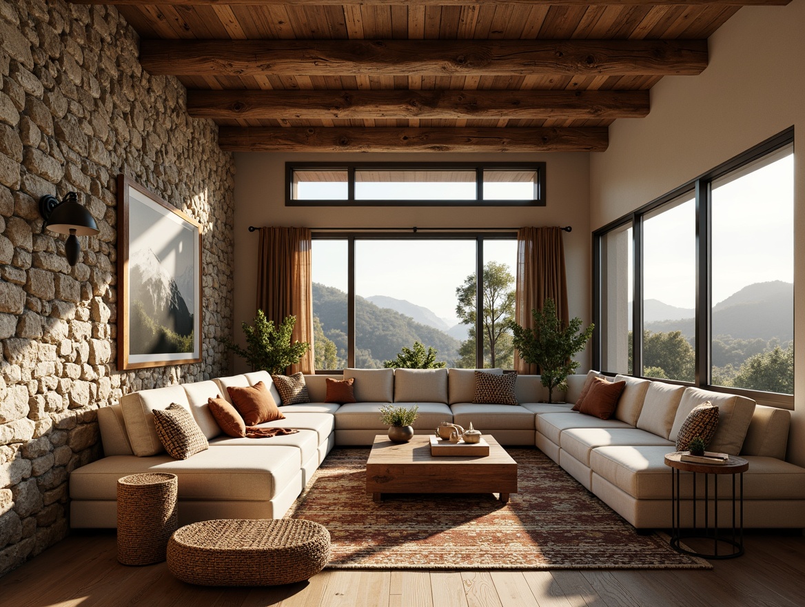 Prompt: Cozy great room, rustic wooden beams, natural stone walls, earthy tones, plush sectional sofas, woven baskets, vintage rugs, reclaimed wood coffee tables, potted plants, floor-to-ceiling windows, breathtaking mountain views, warm sunny day, soft diffused lighting, 1/1 composition, intimate atmosphere, organic textures, ambient occlusion.