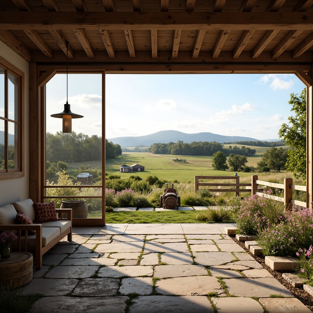 Prompt: Rustic farmhouse, expansive open fields, rolling hills, wooden fences, vintage farm equipment, wildflowers, natural stone pathways, reclaimed wood accents, earthy color palette, large windows, sliding glass doors, warm sunny day, soft diffused lighting, shallow depth of field, 1/1 composition, panoramic view, realistic textures, ambient occlusion.