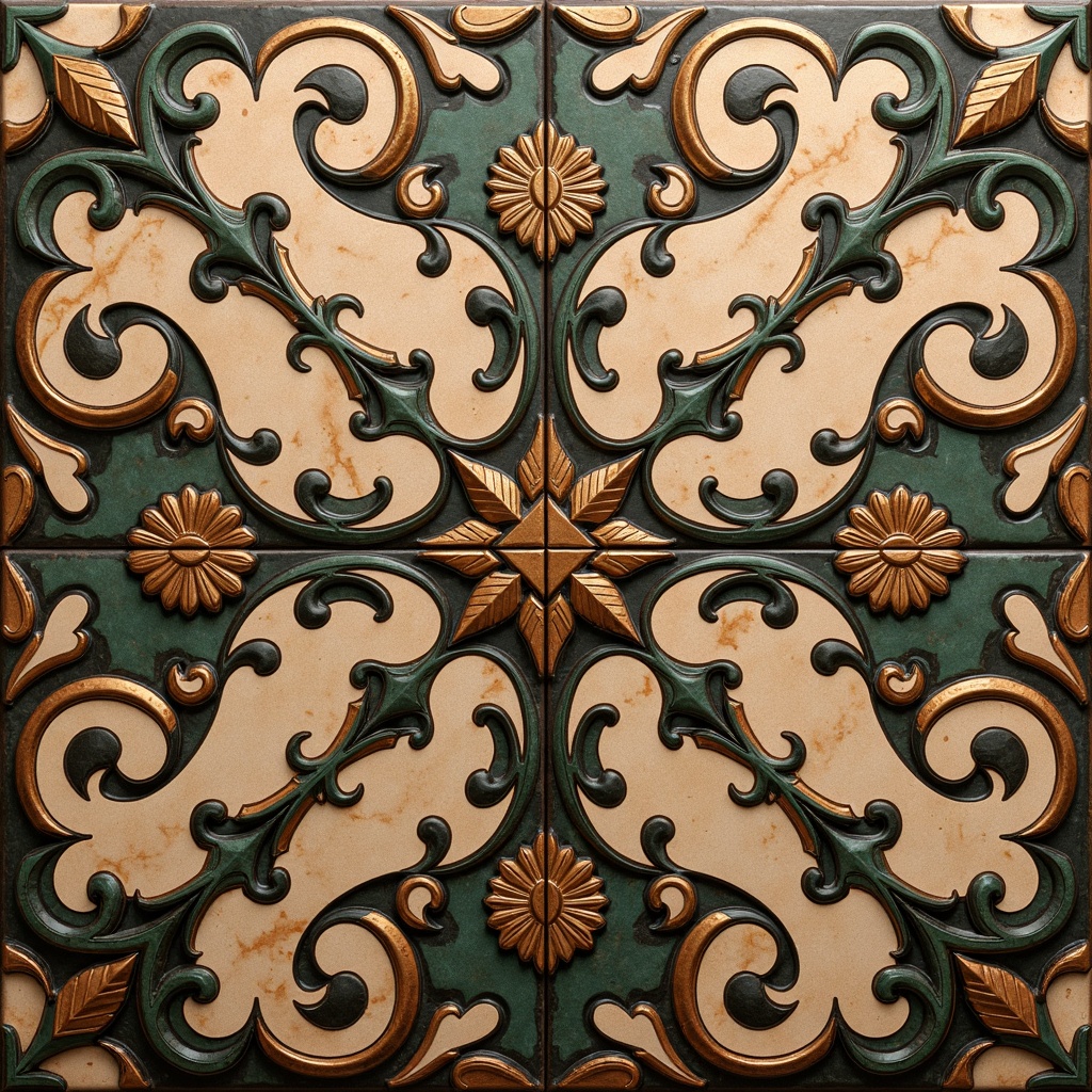 Prompt: Intricate ornate tiles, flowing organic curves, botanical inspirations, stylized florals, sinuous lines, whiplash motifs, iridescent glazes, shimmering metallic accents, geometric tessellations, symmetrical patterns, hand-painted details, vintage aesthetic, distressed textures, earthy tones, warm ambient lighting, 1/1 composition, macro photography, highly detailed renderings.