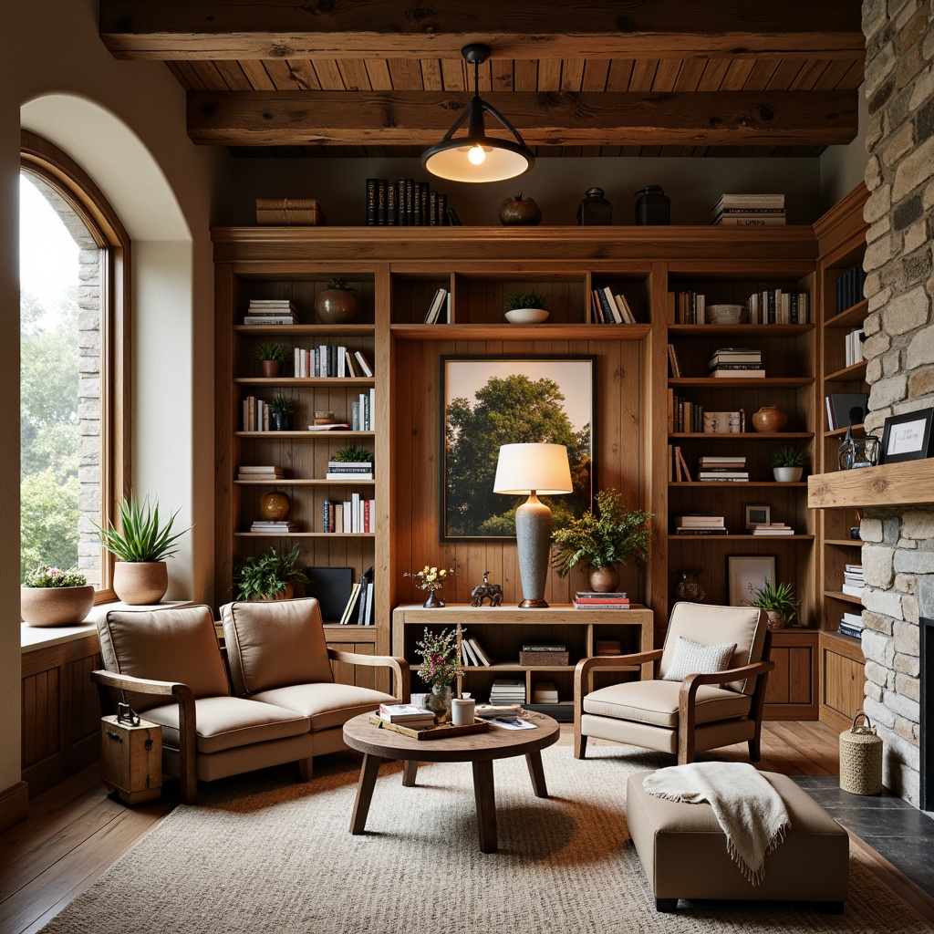 Prompt: Rustic farmhouse library, wooden bookshelves, vintage leather armchairs, distressed wood flooring, soft warm lighting, table lamps, floor lamps, pendant lights, exposed beams, natural stone walls, cozy reading nooks, built-in window seats, plush throw blankets, earthy color palette, nature-inspired artwork, warm beige tones, creamy whites, rich woods, soft shadows, warm glow, 1/1 composition, shallow depth of field, realistic textures, ambient occlusion.