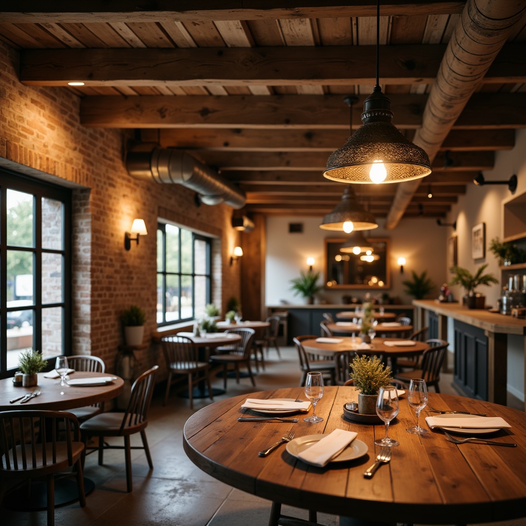 Prompt: Rustic farmhouse restaurant, vintage metal lanterns, distressed wooden beams, earthy tone brick walls, reclaimed wood tables, natural stone flooring, pendant lighting fixtures, industrial metal shades, Edison bulb chandeliers, warm cozy ambiance, soft golden lighting, shallow depth of field, 2/3 composition, realistic textures, ambient occlusion.