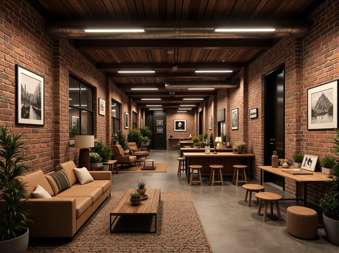 Prompt: Rustic brick walls, earthy tones, natural stone textures, wooden accents, cozy atmosphere, intimate spaces, warm lighting, soft shadows, 3/4 composition, shallow depth of field, realistic renderings, ambient occlusion, modern industrial design, urban loft aesthetic, exposed ductwork, metal beams, reclaimed wood, distressed finishes, eclectic decor, vintage artifacts.