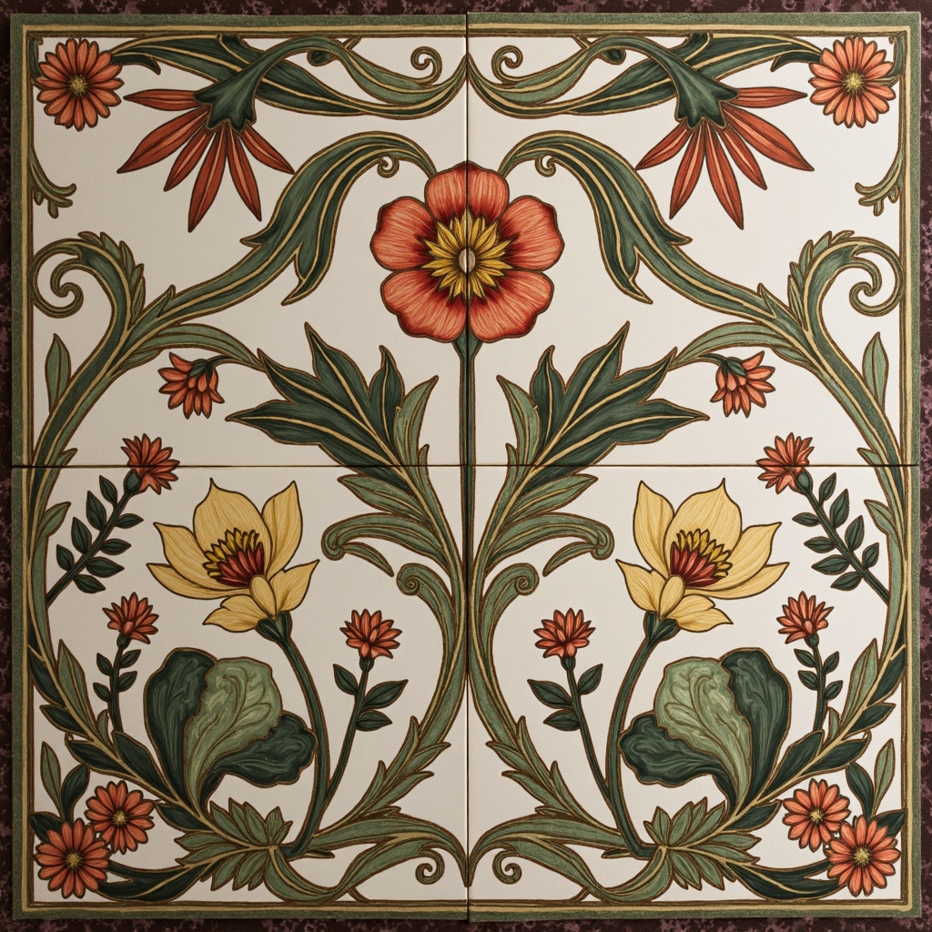 Prompt: Intricate floral motifs, organic shapes, sinuous lines, ornate ceramic tiles, earthy tones, soft pastel hues, iridescent glazes, luxurious textures, natural stone accents, flowing curves, whiplash tendrils, stylized botanicals, abstract geometries, bold contrasting colors, Art Nouveau-inspired patterns, decorative borders, mosaic compositions, warm ambient lighting, shallow depth of field, 1/1 composition, realistic reflections.