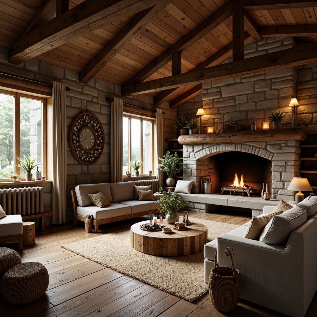 Prompt: Rustic cabin, wooden planks, stone walls, earthy tones, natural textures, reclaimed wood, vintage furniture, cozy fireplace, woven baskets, jute rugs, linen fabrics, pinecones, candles, lanterns, warm soft lighting, shallow depth of field, 1/1 composition, realistic materials, ambient occlusion.