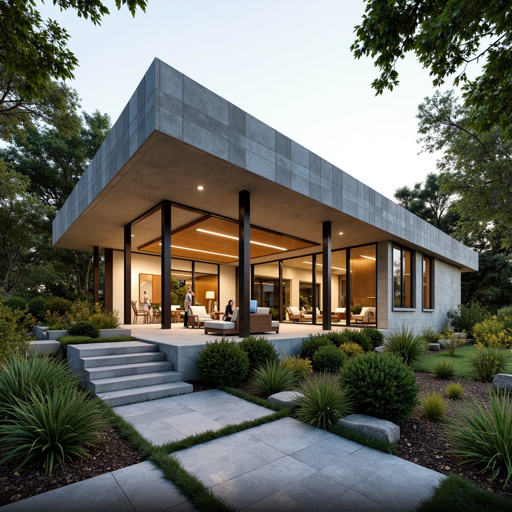 Prompt: Natural stone pavilion, mid-century modern architecture, clean lines, minimal ornamentation, large windows, sliding glass doors, open floor plan, wood accents, textured concrete walls, geometric patterns, vibrant greenery, lush plants, natural light, warm ambiance, soft shadows, shallow depth of field, 3/4 composition, realistic materials, ambient occlusion.